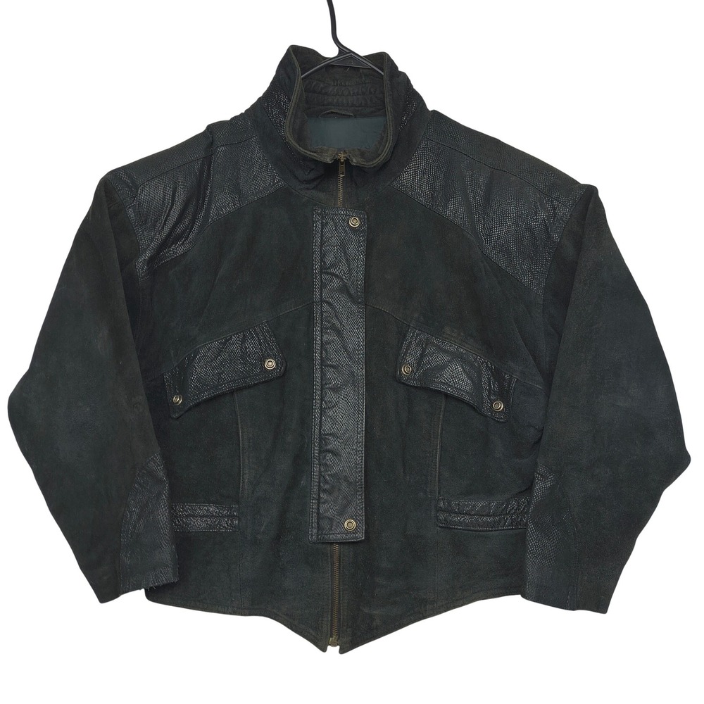 Learsi Vintage Black Suede Leather Jacket Snakeskin Embossed Trim Mens Medium